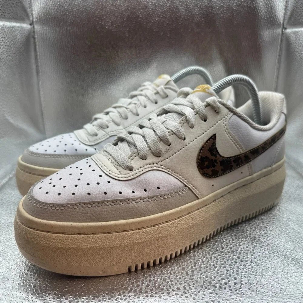 Size 9.5 - Nike Court Vision Alta Womens White Leopard Platform Shoes DO2791-100